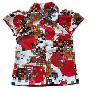 Handmade Vintage 70s Geometric Pop Art Shirt Womens XS Red Orange Mod Disco Top